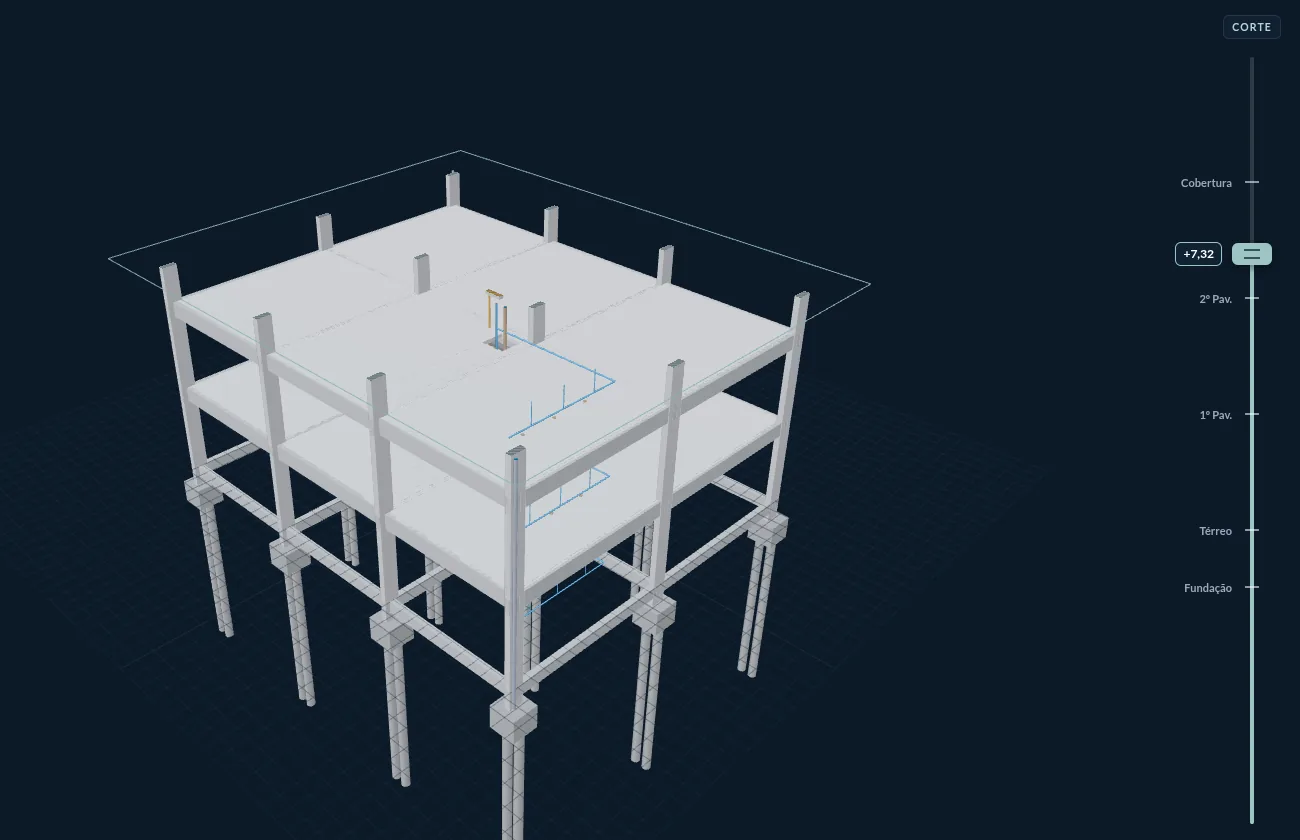 Visualizador 3D com um edifício de demonstração cortado na altura do segundo pavimento